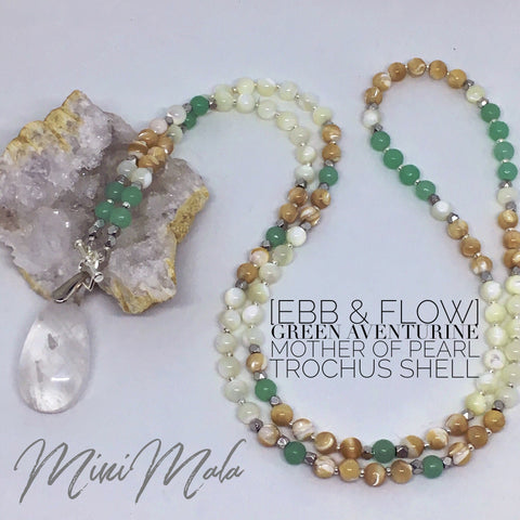 Ebb & Flow Mini Mala - Green Aventurine, Mother of Pearl, Trochus Shell, Crystal Quartz